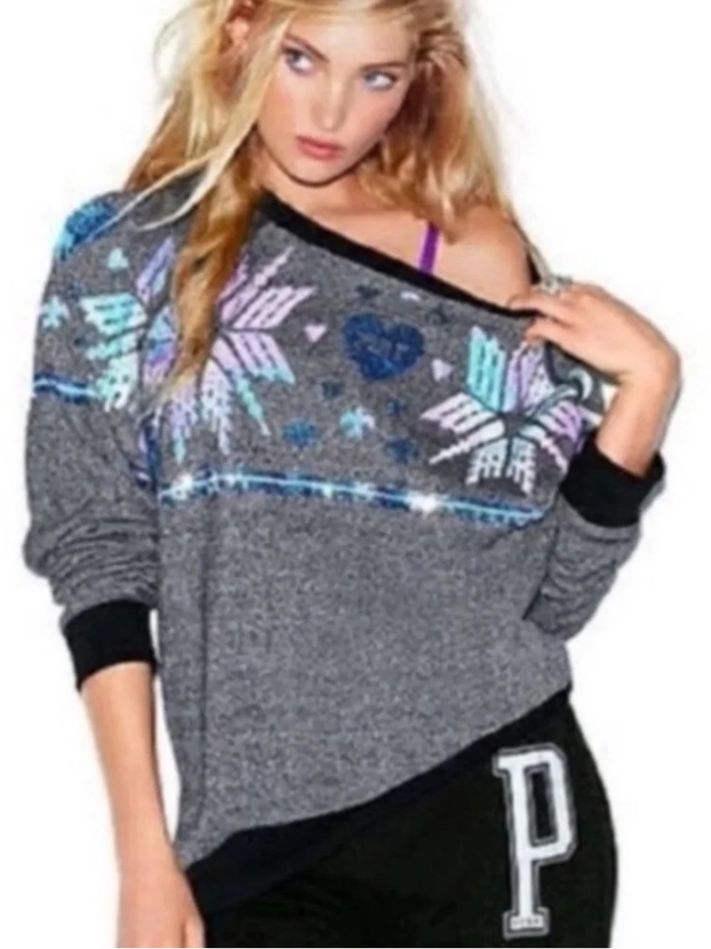 PINK Victoria’s Secret Gray marl iridescent Sequin fair isle snowflake Design